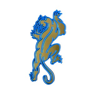 May include: A wall-mounted sign featuring a stylised, leaping lion in a metallic gold finish. The lion is outlined with a vibrant blue border that creates a layered, three-dimensional effect, emphasising the muscular form and curved tail.