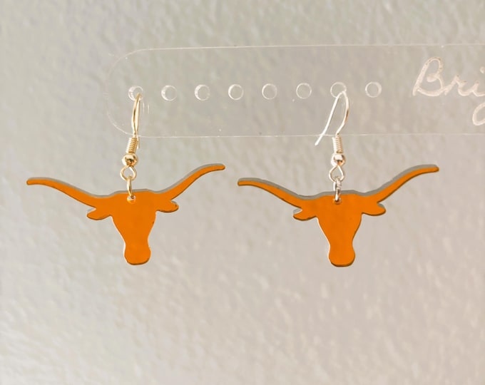 Featured listing image: Hook ’Em Horns Longhorn Earrings | Orange Acrylic | Handmade UT Spirit Jewelry | Texas Pride Earrings | Game Day Accessory