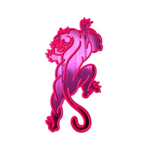 May include: A wall-mounted decorative sign shaped like a leaping tiger, featuring a vibrant hot pink neon-style outline and a reflective, metallic purple mirror-like surface that creates a distinct contrast between the border and the center.