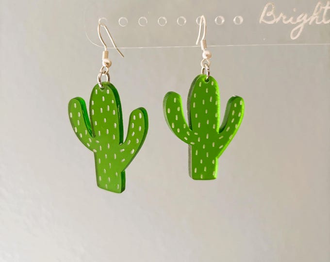 Featured listing image: Handmade Cactus Earrings | Green Transparent Acrylic | Southwestern Desert Jewelry | Plant Lover Gift | Statement Dangle Earrings