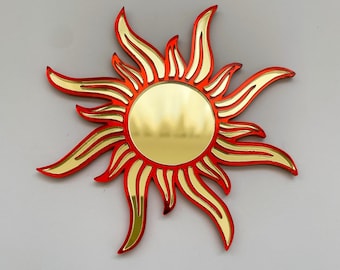 Funky Sun Acrylic Mirror: Red Gold Radiating Solar Colorful Wall Decor, Handmade