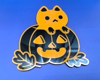 Black Cat Pumpkin Acrylic Wall Art: Spooky Kawaii Halloween Decor