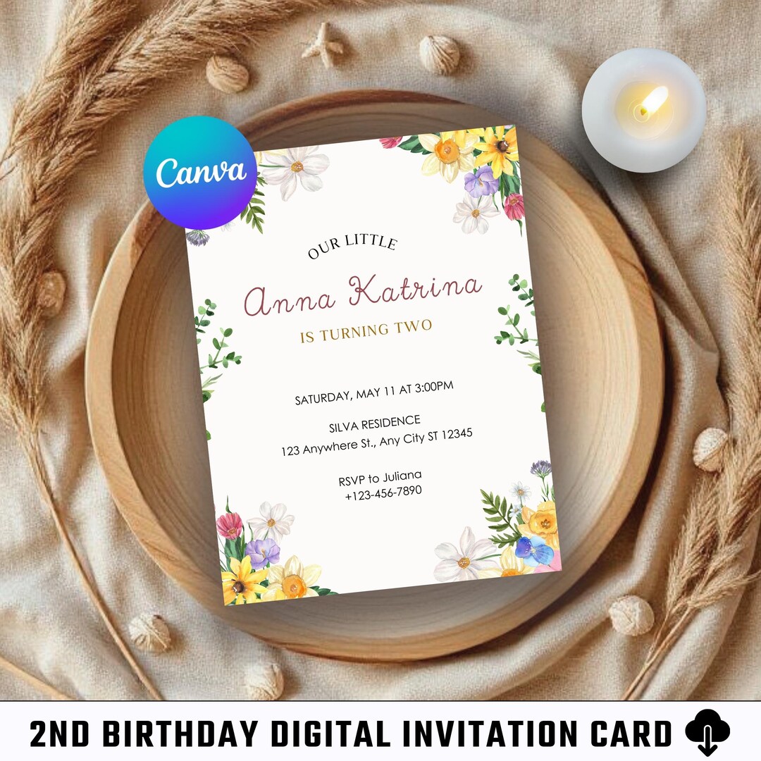 2nd Birthday Invitation Card / Digital Invite / Printable Card / Canva ...