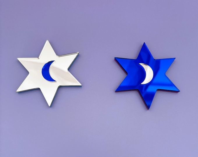 Stars and Moon Mirrors | Pop Art Statement Piece Acrylic Wall Decor | Bold Blue Silver Colorful Quirky Mirror Art – Handmade Gift