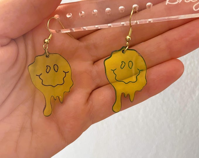 Drippy Smiley Face Earrings: Yellow Acrylic Y2K Rave Jewelry