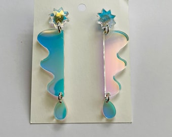 Rainbow Iridescent Mirror Dangle Earrings, Shiny Abstract Shape