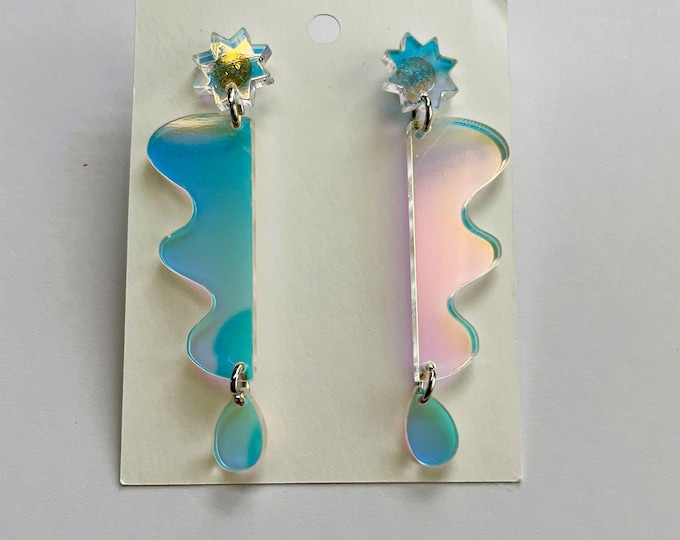 Rainbow Iridescent Mirror Dangle Earrings, Shiny Abstract Shape