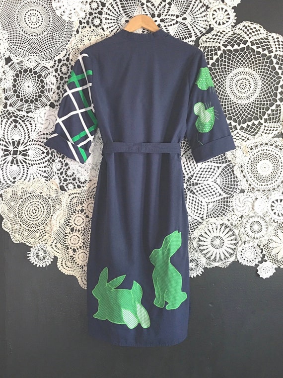 1970s Alfredo's Wife Navy and Green Rabbit Dress - image 2
