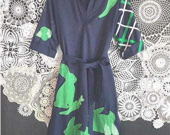 1970s Alfredo's Wife Navy and Green Rabbit Dress