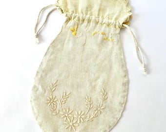 Antique Linen Bag Pouch Embroidery