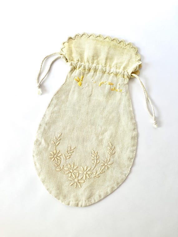 Antique Linen Bag Pouch Embroidery - image 1