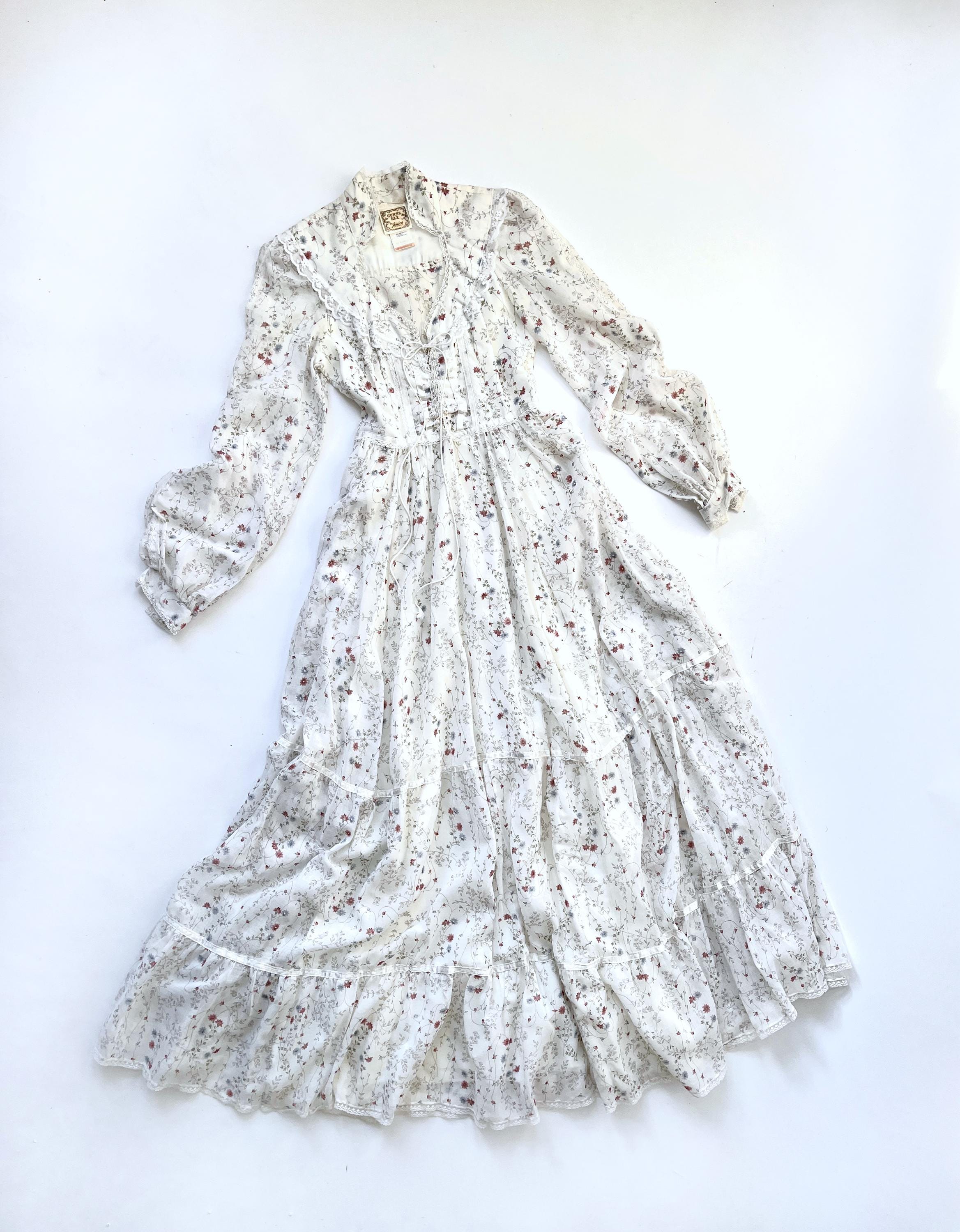Vintage Gunne Sax Maxi Dress Floral Print Corset Lacing at Front Bodice ...