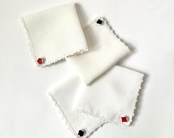 Vintage Napkins with Playing Card Suit Buttons/Set of 4
