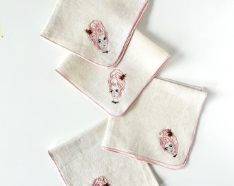 Hand Embroidered Naturally Dyed Set of Napkins with Marie Antoinettes