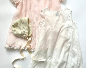 Antique French Baby Dresses and Bonnet Bundle Marshall Field Silk and Cotton