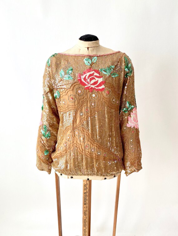 Vintage Sequin Blouse / Vintage Blouse with Flower