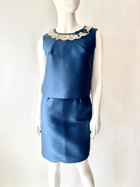 Vintage 1960s Dress Navy Blue with Lace Trim Petites by Susie Size Small