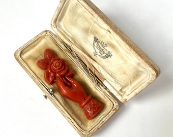 Antique Bakelite Brooch Carved Hand with Flowers in Original Jewelry Box