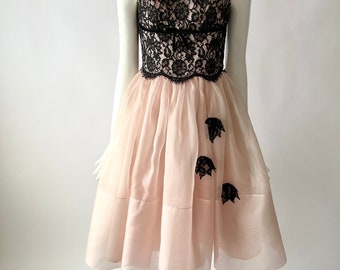 Vintage Lace Dress:  Black and Pink, Full Skirt, 1950's, Size Extra Small