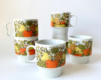 Vintage Mug Set/Set of 6 Cups/MCM made in Japan Ceramic Cups/White Orange Yellow