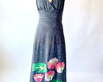 Vintage 80s Dress: Grey, Halter Style, Flower Appliqués, Size Small, Made in Italy