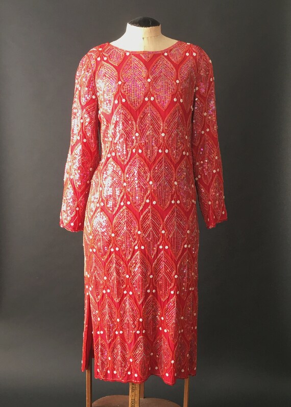 Vintage 80s Red Sequin Silk Dress