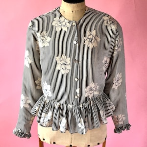 Vintage Silk Blouse Blue Floral Print 1990s