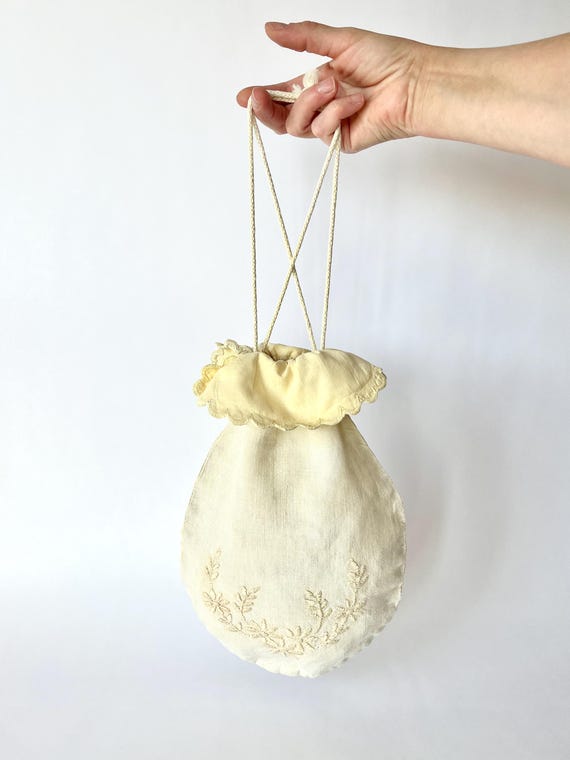 Antique Linen Bag Pouch Embroidery - image 7