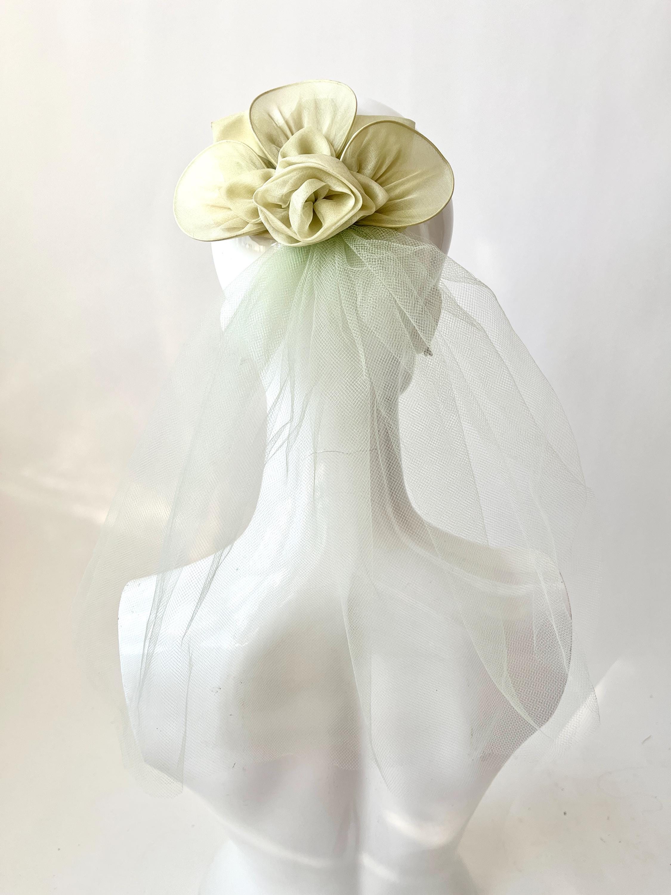 Vintage White Satiny Hair Wreath with Pink Rosette Accents on Veil Rosette Bridal Veil - Etsy main image 3