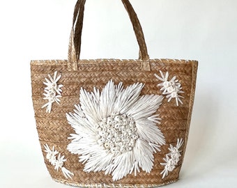 Vintage Straw Bag White Raffia Flowers