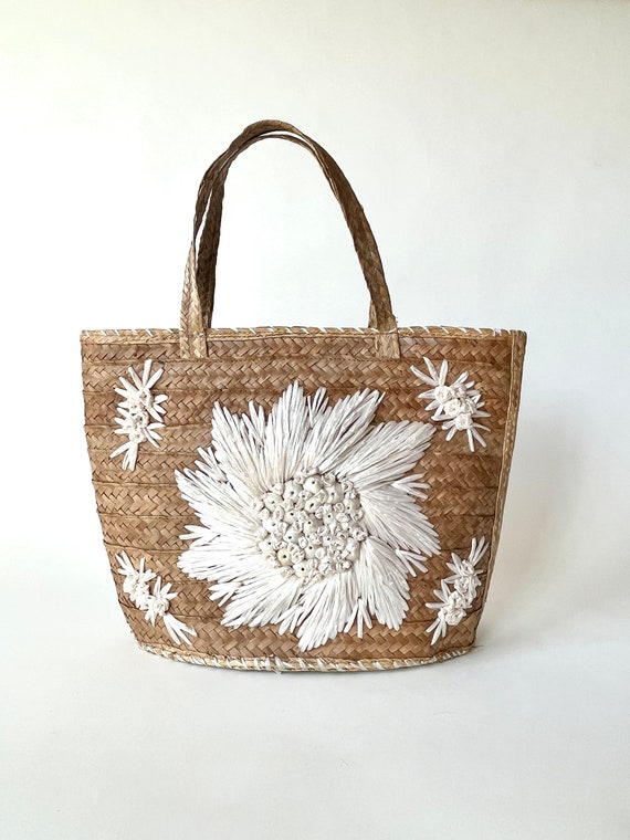 Vintage Straw Bag White Raffia Flowers