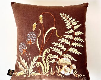 Throw Pillow Forest Mushroom Needlepoint Backed with Vintage Marbled Cotton