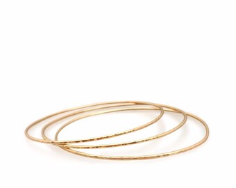 jj bangles - 3 skinny hammered bangles in 14k yellow gold fill or 14k rose gold fill