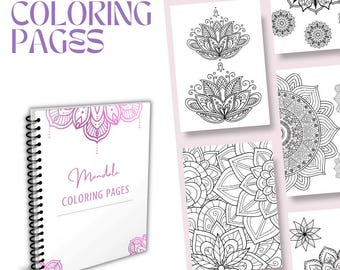 May include: A white and pink spiral bound book with the text "Mandala Coloring Pages" on the cover. The book is surrounded by black and white mandala designs.