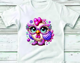 May include: White t-shirt with a pink and purple cartoon chicken wearing glasses and pink boots. The chicken has a polka dot pattern on its wings and a pink comb. The shirt has the text "Maisy's Cuties" at the bottom.