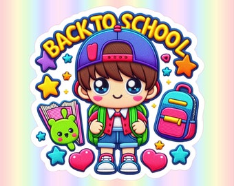 Puede incluir: Una colorida pegatina con un niño de dibujos animados con mochila, gorra y el texto "BACK TO SCHOOL". El diseño incluye estrellas, corazones, un libro y una mochila, todo en colores vibrantes. Ideal para decoraciones de vuelta a la escuela.