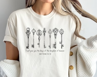 Christian Faith T-Shirt Women, Comfort Colors Keys Graphic Tee Vintage Retro Bible Verse Shirt Inspirational Gift Boho Faith Oversized Shirt