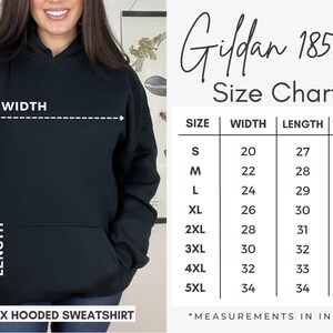May include: Size chart for Gildan 18500 unisex hooded sweatshirts. The chart shows measurements in inches for width, length, and sleeve length for sizes S through 5XL.