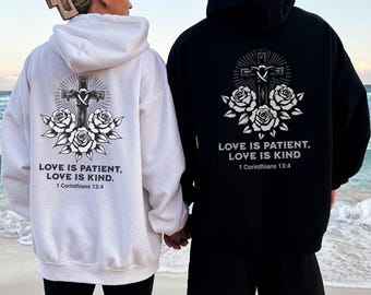 Couples Christian Hoodie with 1 Corinthians 13:4 Verse, Unisex Matching Sweatshirt, Religious Gift for Men & Women, Honeymoon Wedding Hoodie