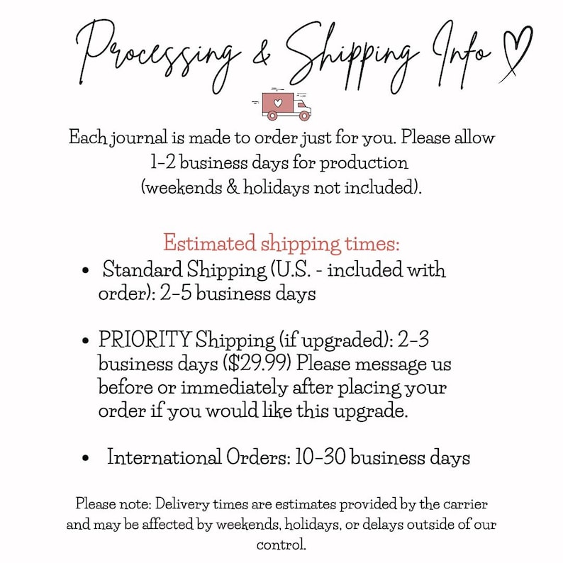 May include: A white informational graphic with black text titled Processing & Shipping Info featuring a small pink truck icon. The text details production times of 1-2 business days and shipping estimates for standard, priority, and international orders.