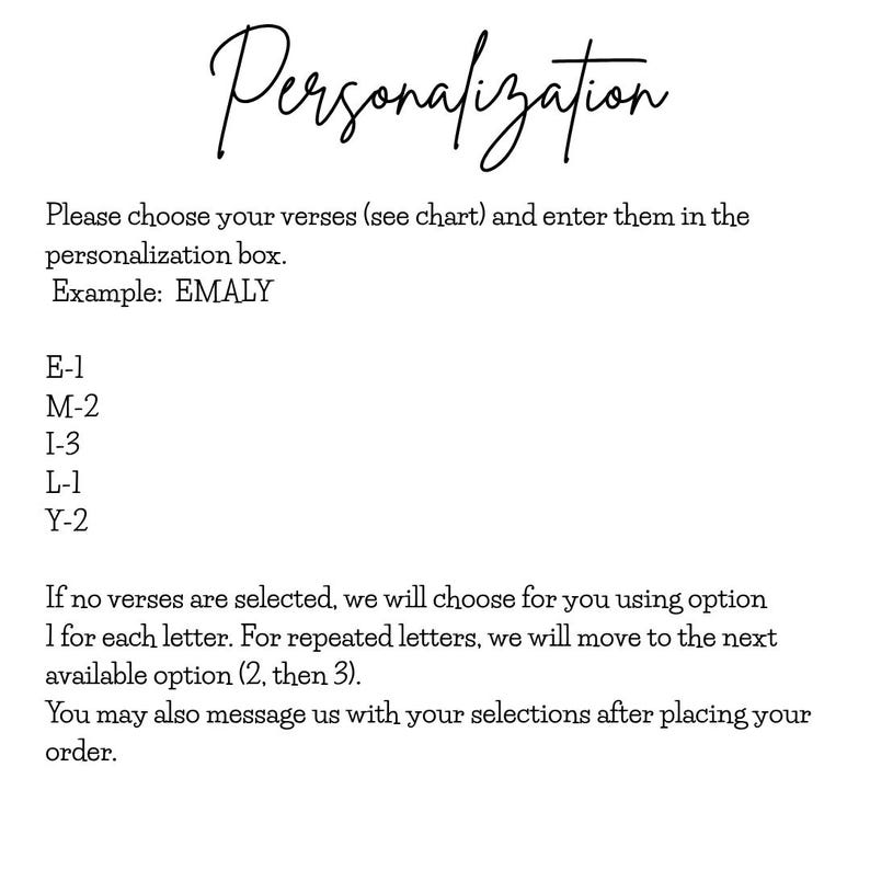 May include: A white informational card with black text titled Personalization. It instructs customers to choose verses from a chart and enter them in a box, providing the example EMALY with specific letter-verse codes E-1, M-2, I-3, L-1, Y-2.