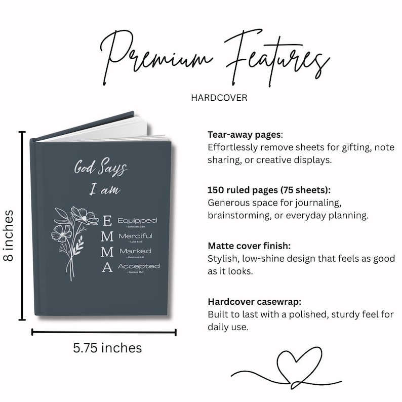 May include: A dark gray hardcover journal measuring 8 inches by 5.75 inches. The cover features white text reading God Says I am, a floral illustration, and the name EMMA with the words Equipped, Merciful, Marked, and Accepted listed vertically.