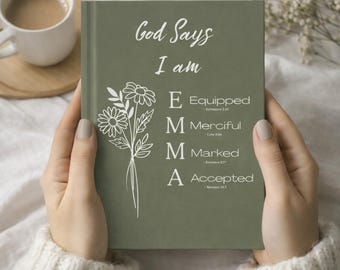 Diario personalizado con nombre cristiano y versículos bíblicos. Dios dice que eres. Regalo bíblico personalizado para mujeres. Regalo religioso.