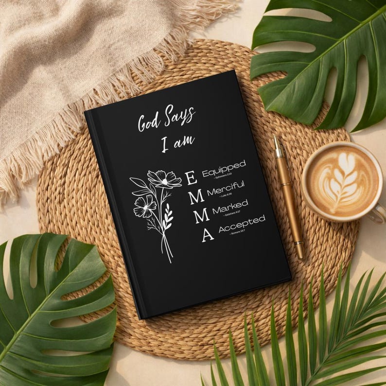 May include: A black hardcover journal featuring white text that reads God Says I am, followed by the name EMMA with each letter representing a word: Equipped, Merciful, Marked, and Accepted, accompanied by a white line-art floral illustration.
