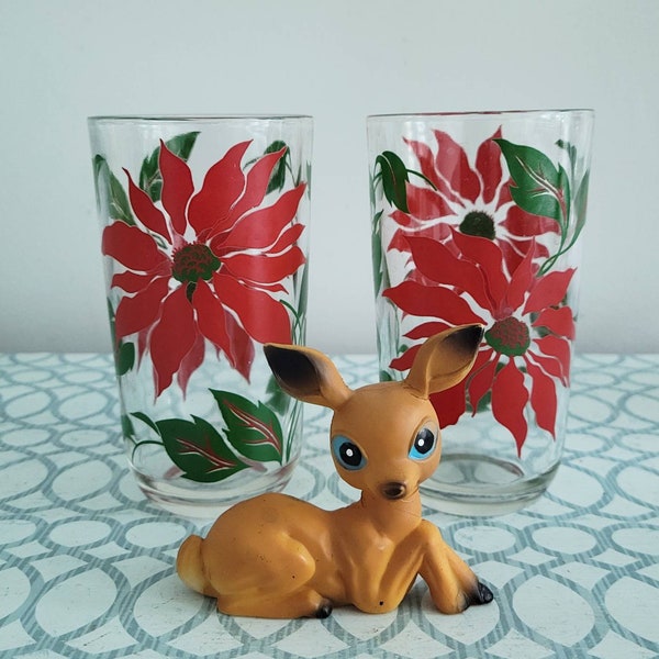 Vintage Set of Red Christmas Poinsettias Flowers Hazel Atlas Drinking Glasses