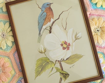 Vintage Framed Art Lamay Print Bluebird on Crimson Marshmallow Flower Lithograph Wall Art 15 x 12