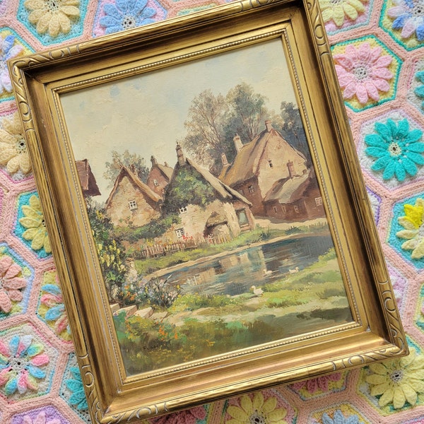Vintage European Cottage Village Landscape Framed Original Oil Painting Signed Fuggi 24x20