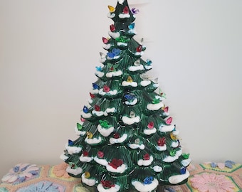 Vintage Large 21" Inch Ceramic Christmas Tree with Lighted and Musical Base Bird Butterfly and Holly Lights with Snow