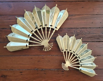 Vintage Pair Set of 2 Metal Brass Fans Wall Art Hanging MCM