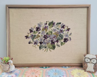 Vintage Floral Bouquet African Violets Needlepoint Gold Frame Wall Art 23x17